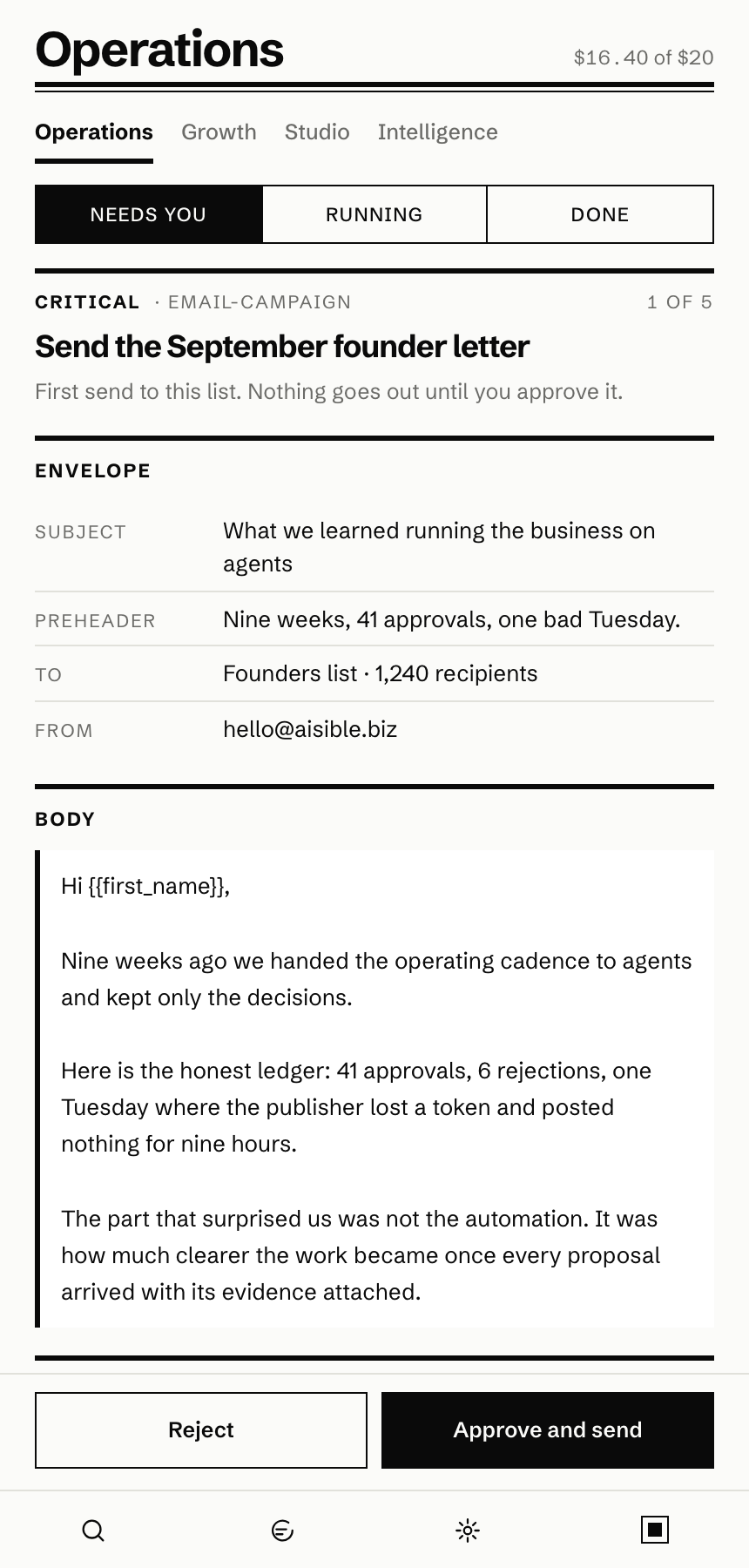 A card at the top of the desk: a September founder letter awaiting approval, with its subject, preheader, recipients and body laid out as fields, and Reject and Approve-and-send buttons.